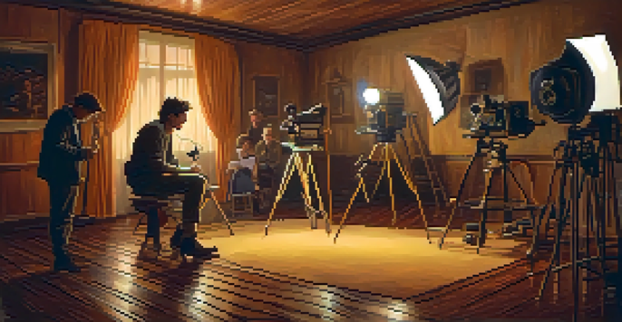 A warm, inviting film set with vintage cameras, lights, and a director discussing scenes with actors, surrounded by film reels.