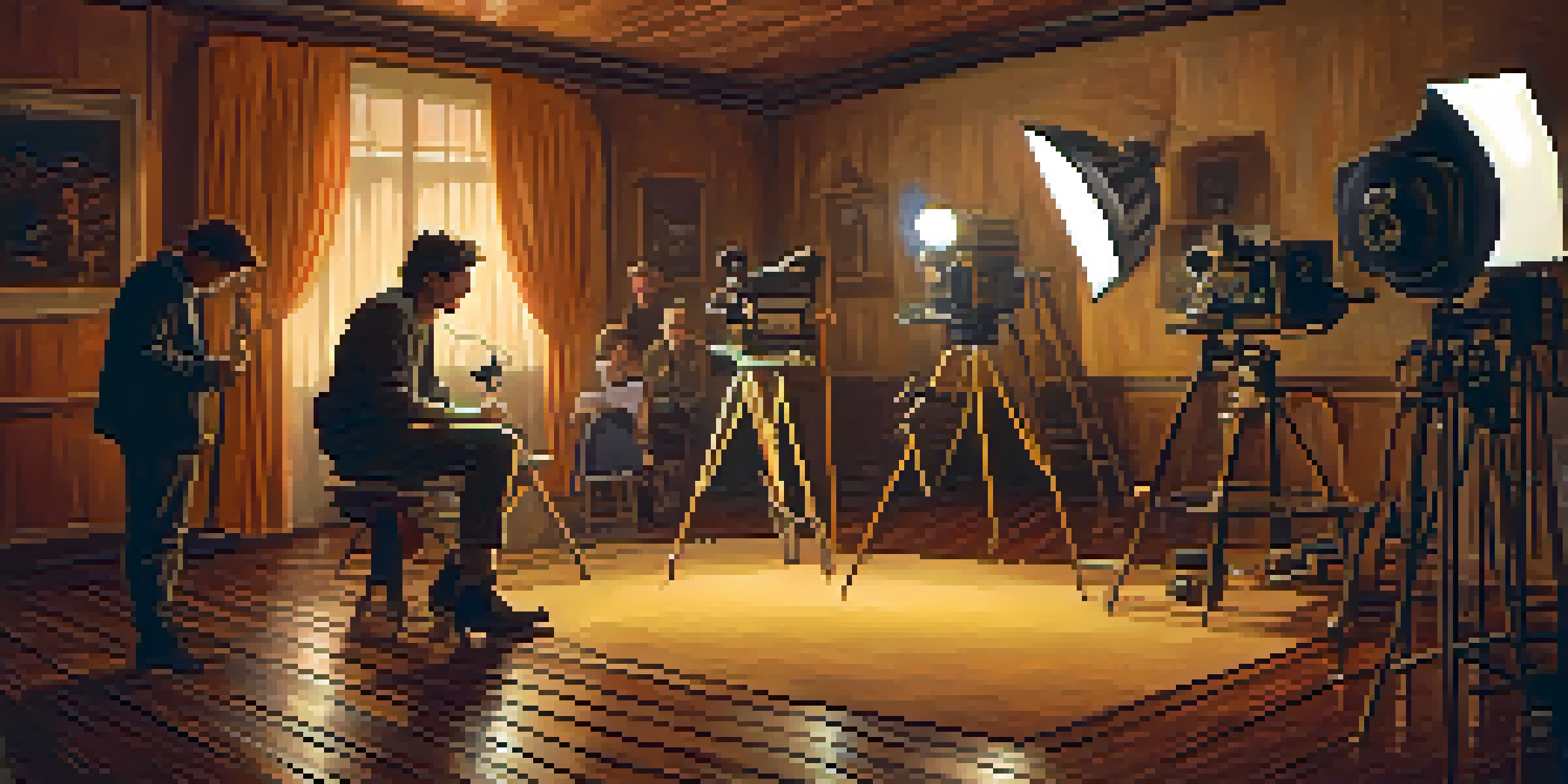 A warm, inviting film set with vintage cameras, lights, and a director discussing scenes with actors, surrounded by film reels.