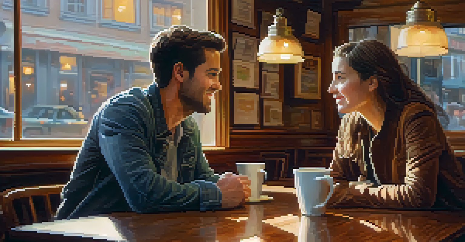 An over-the-shoulder shot of two friends talking in a cozy café, with warm lighting and coffee cups on a wooden table.