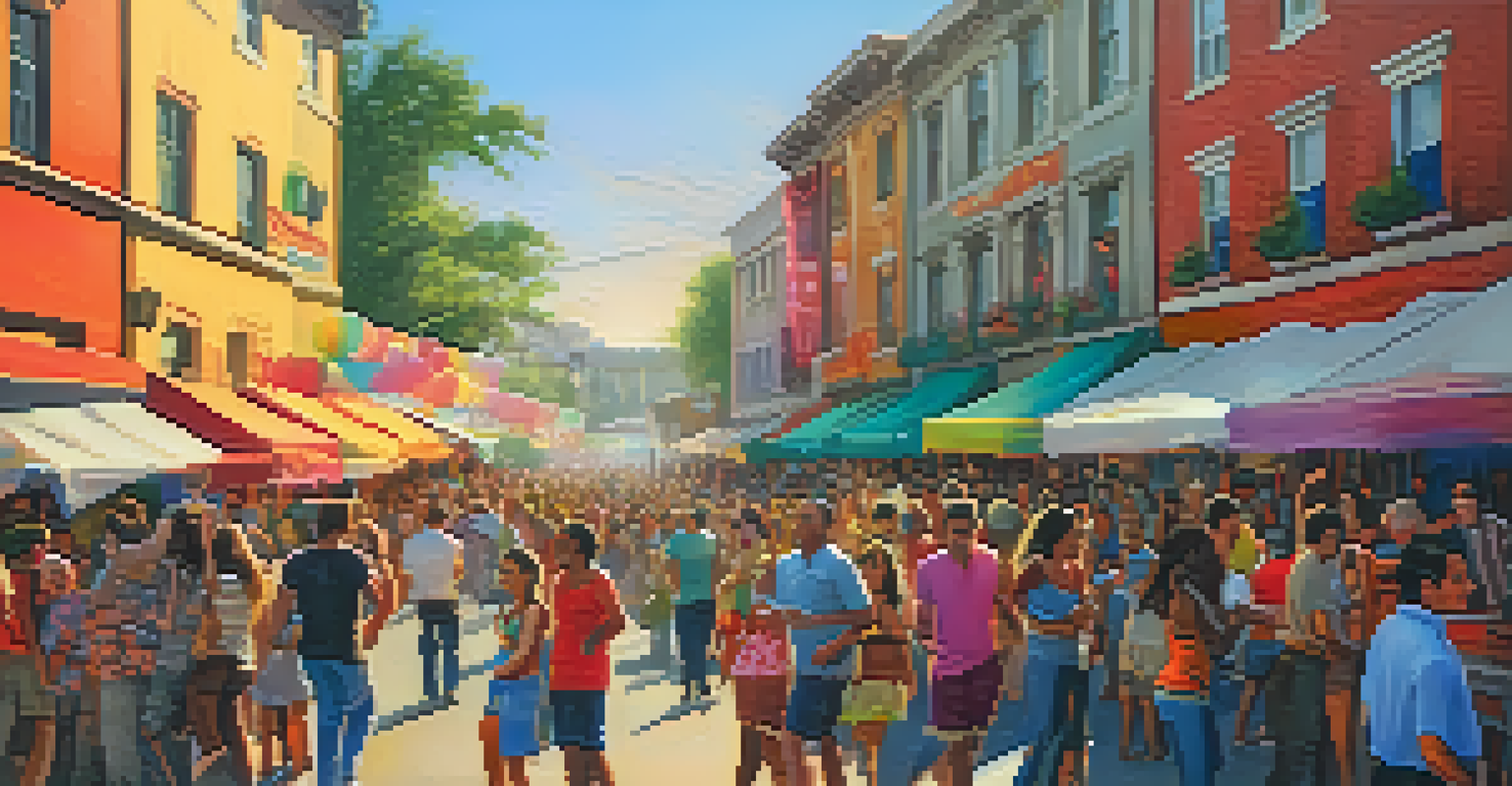 A lively street festival with colorful stalls and people dancing at sunset.