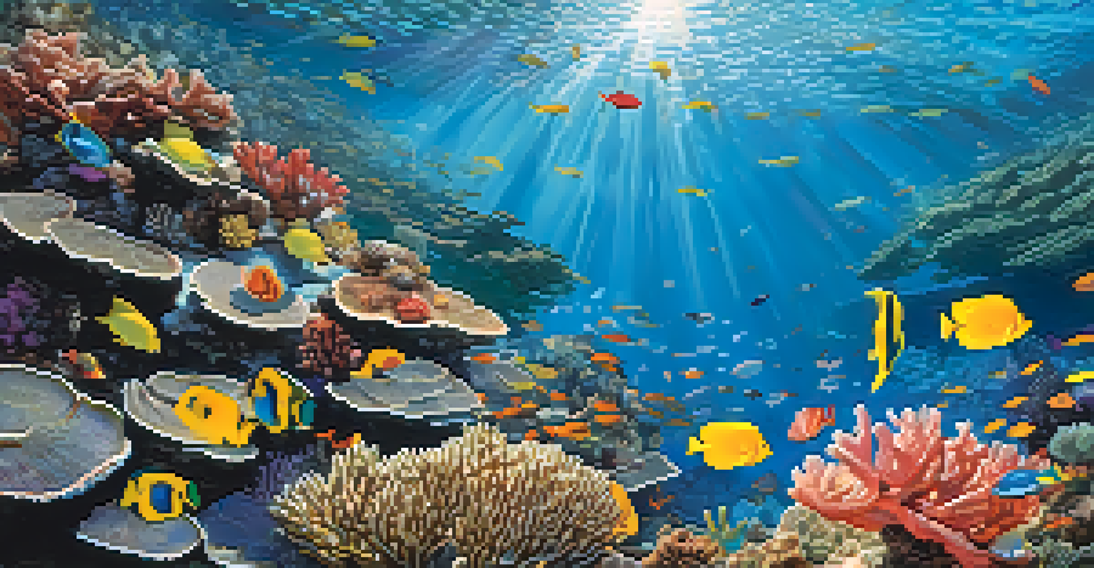 A colorful coral reef with various fish swimming in clear blue water.