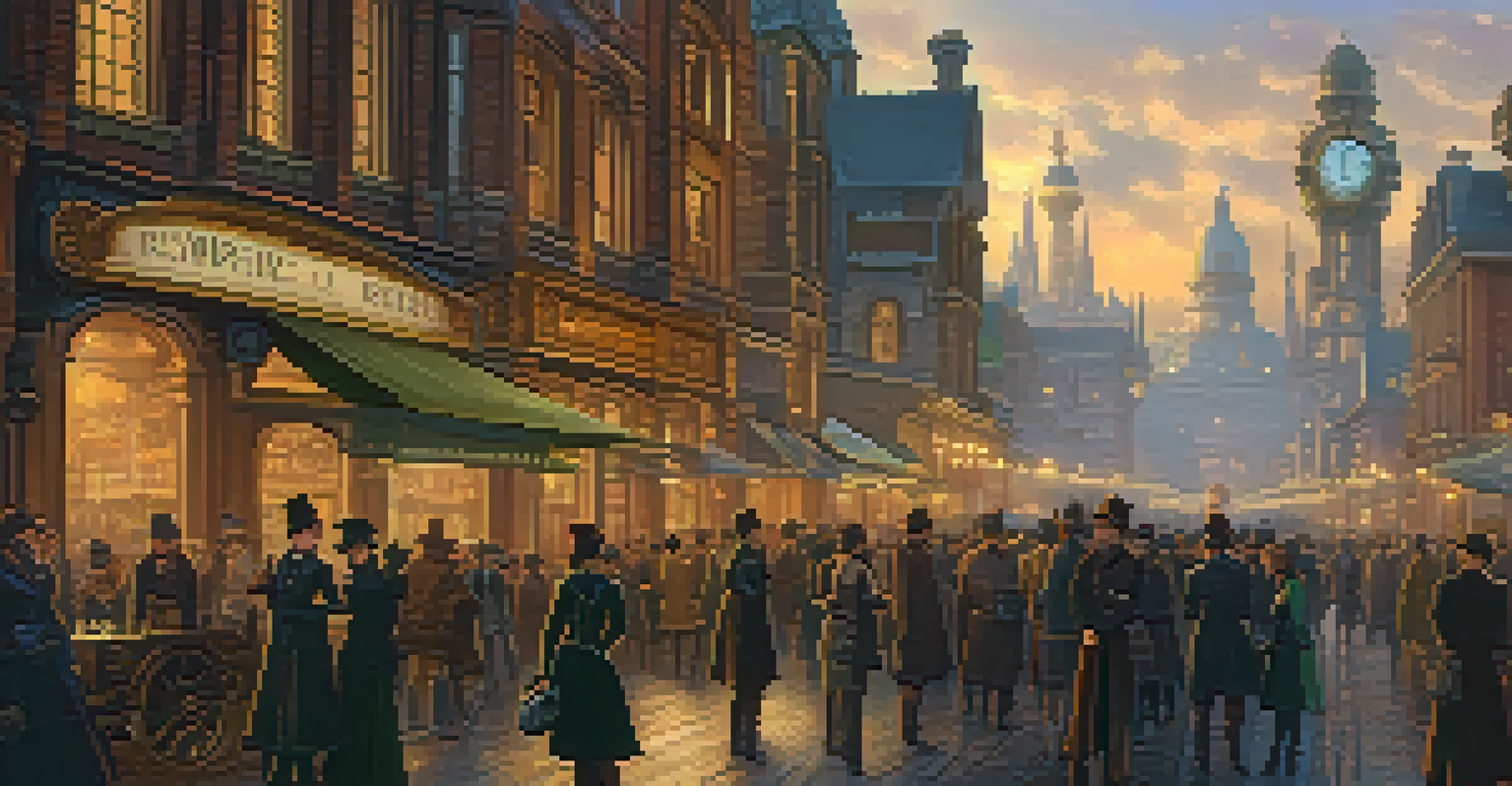 A steampunk cityscape at dusk with illuminated buildings, airships, and people in steampunk clothing.