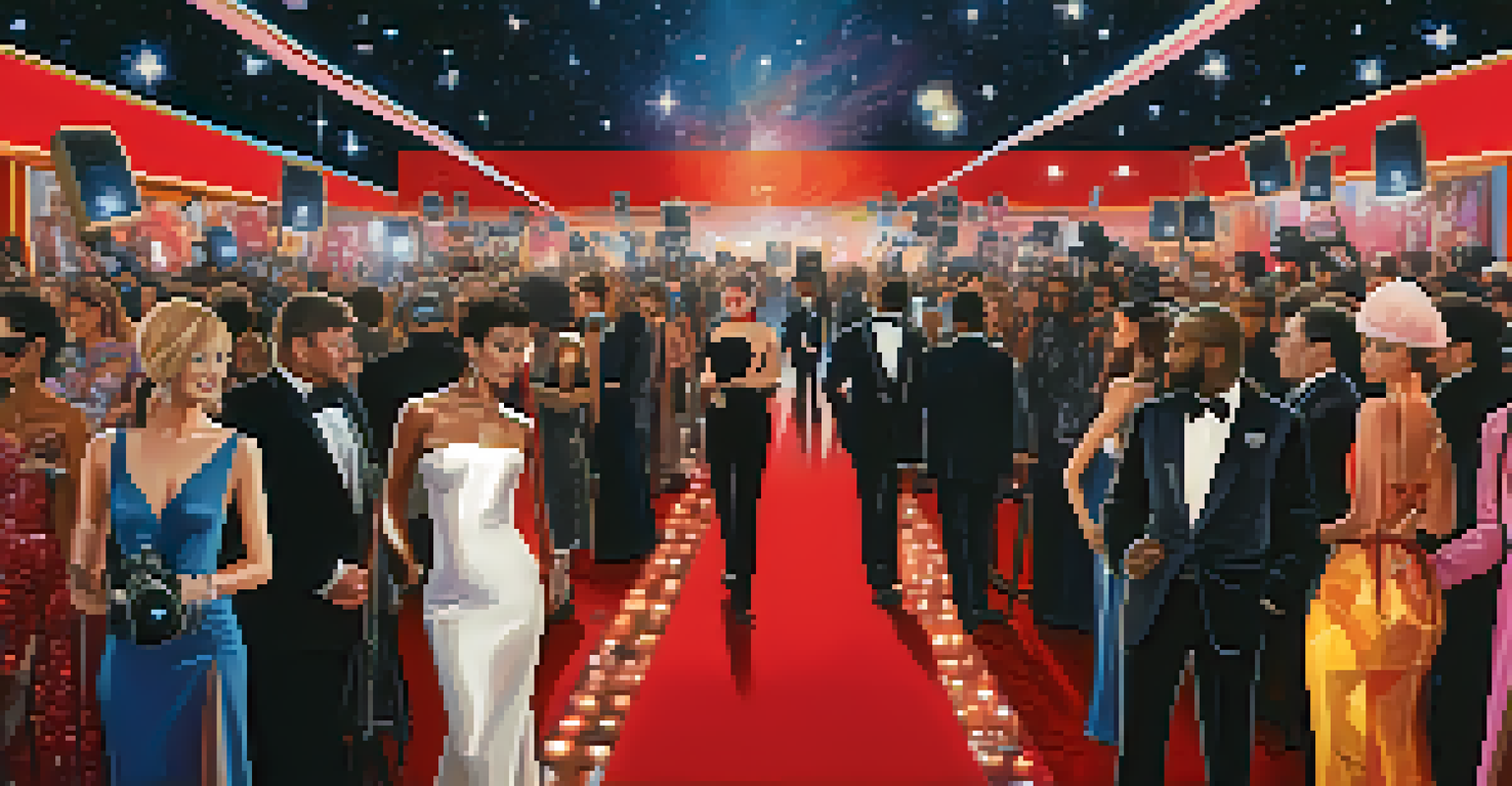 Celebrities in avant-garde outfits posing on the red carpet with photographers and a vibrant crowd in the background.