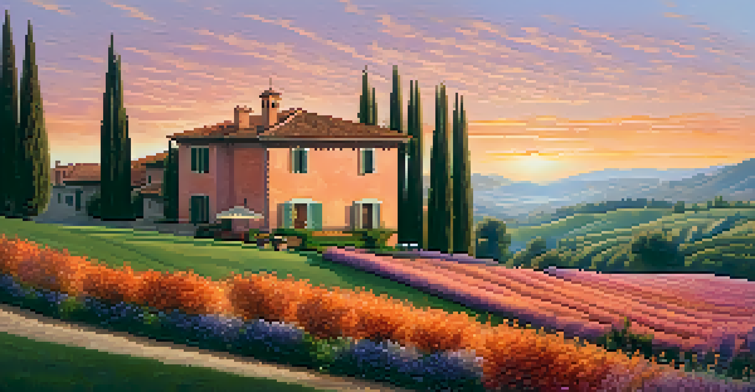 A traditional Italian villa in a scenic landscape at sunset, with rolling hills and a couple enjoying a picnic, representing cultural heritage.