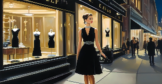 A stylish woman in a little black dress standing outside a jewelry store at night with soft golden lights illuminating the scene.
