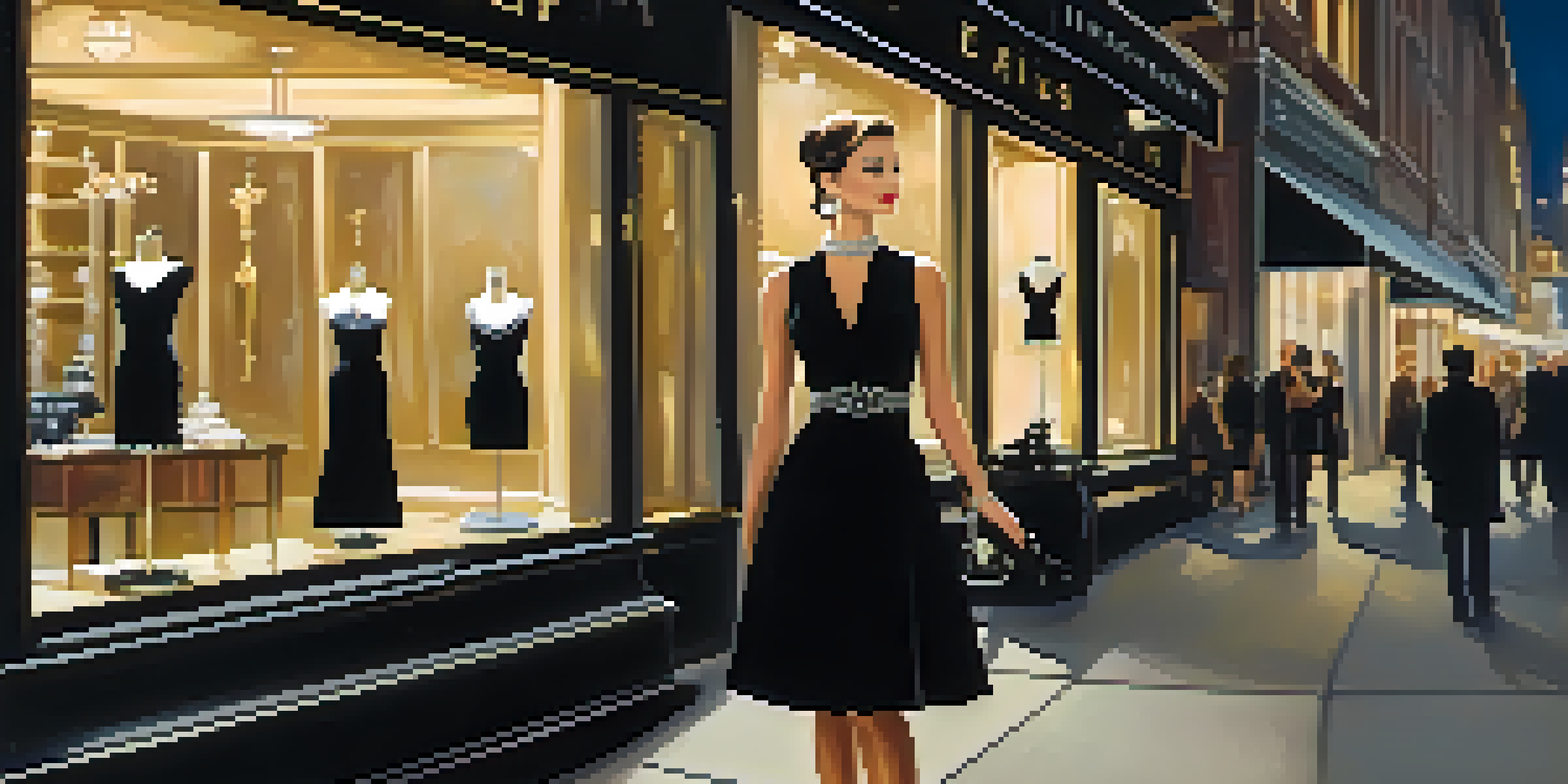 A stylish woman in a little black dress standing outside a jewelry store at night with soft golden lights illuminating the scene.