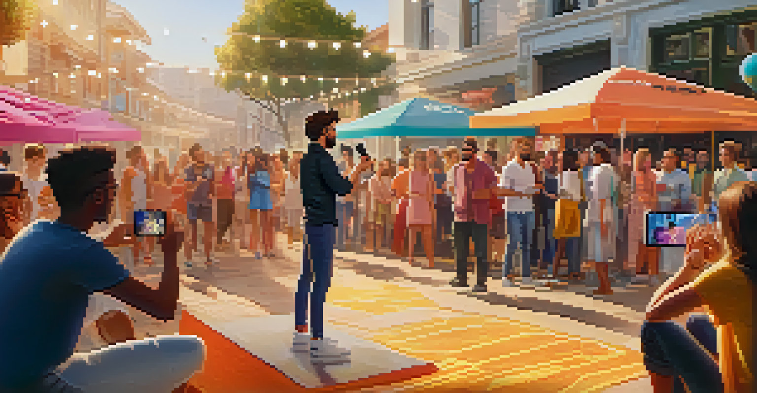 An influencer filming a promotional video for a film, surrounded by vibrant posters and engaged fans.