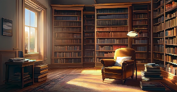 A warm and inviting library with wooden shelves, a comfortable armchair, and a cup of coffee on a table, illuminated by soft light.