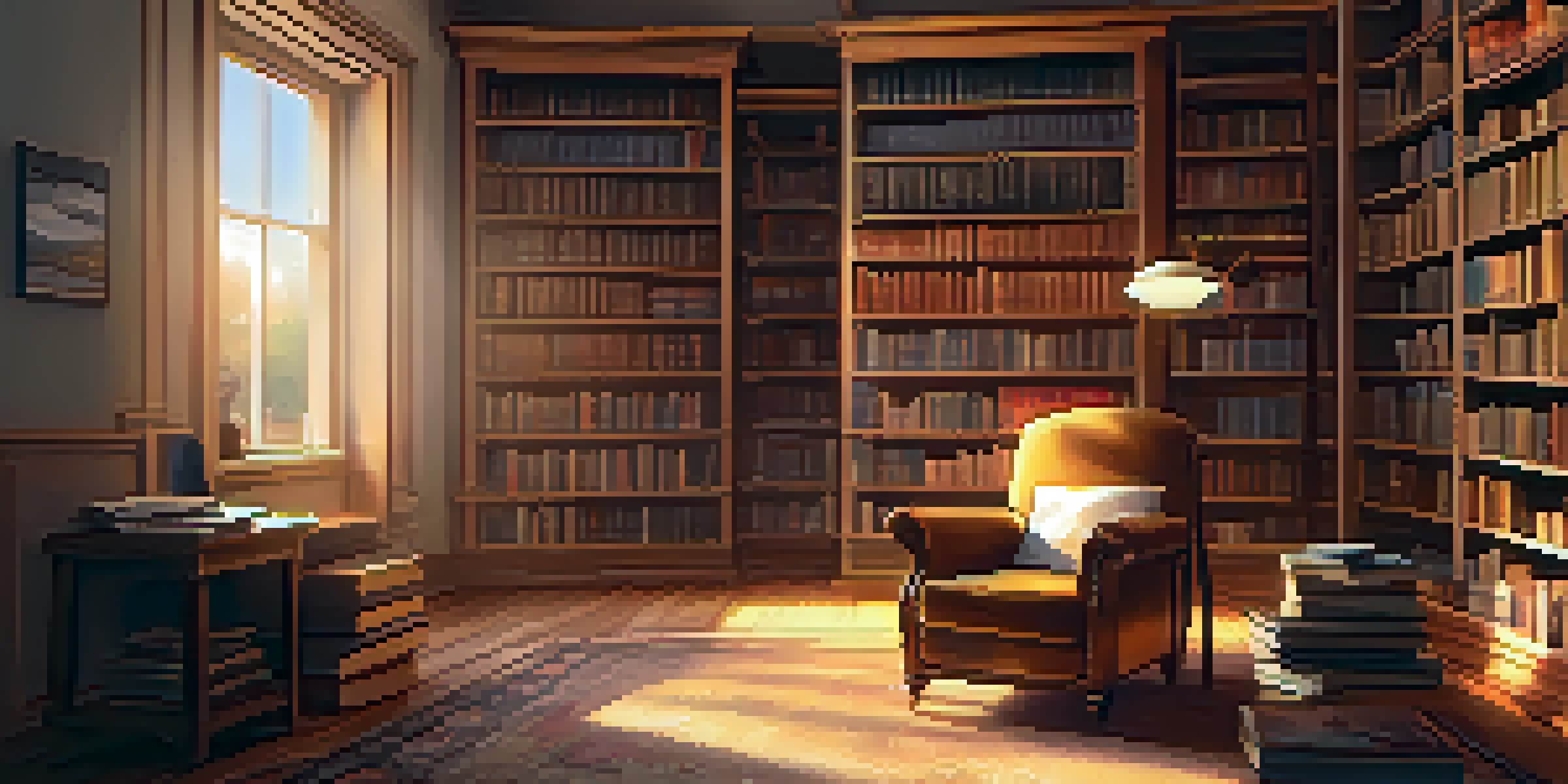 A warm and inviting library with wooden shelves, a comfortable armchair, and a cup of coffee on a table, illuminated by soft light.