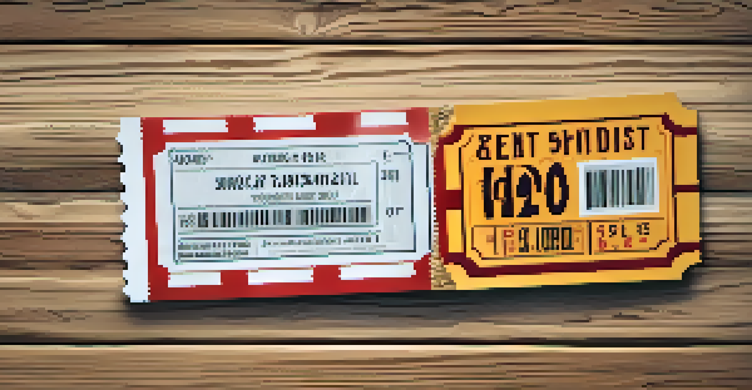 A close-up of a vibrant movie ticket on a textured wooden table, with natural light highlighting its details.