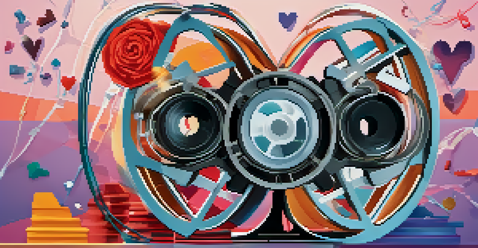An artistic film reel surrounded by symbols representing different film genres against a colorful gradient background.