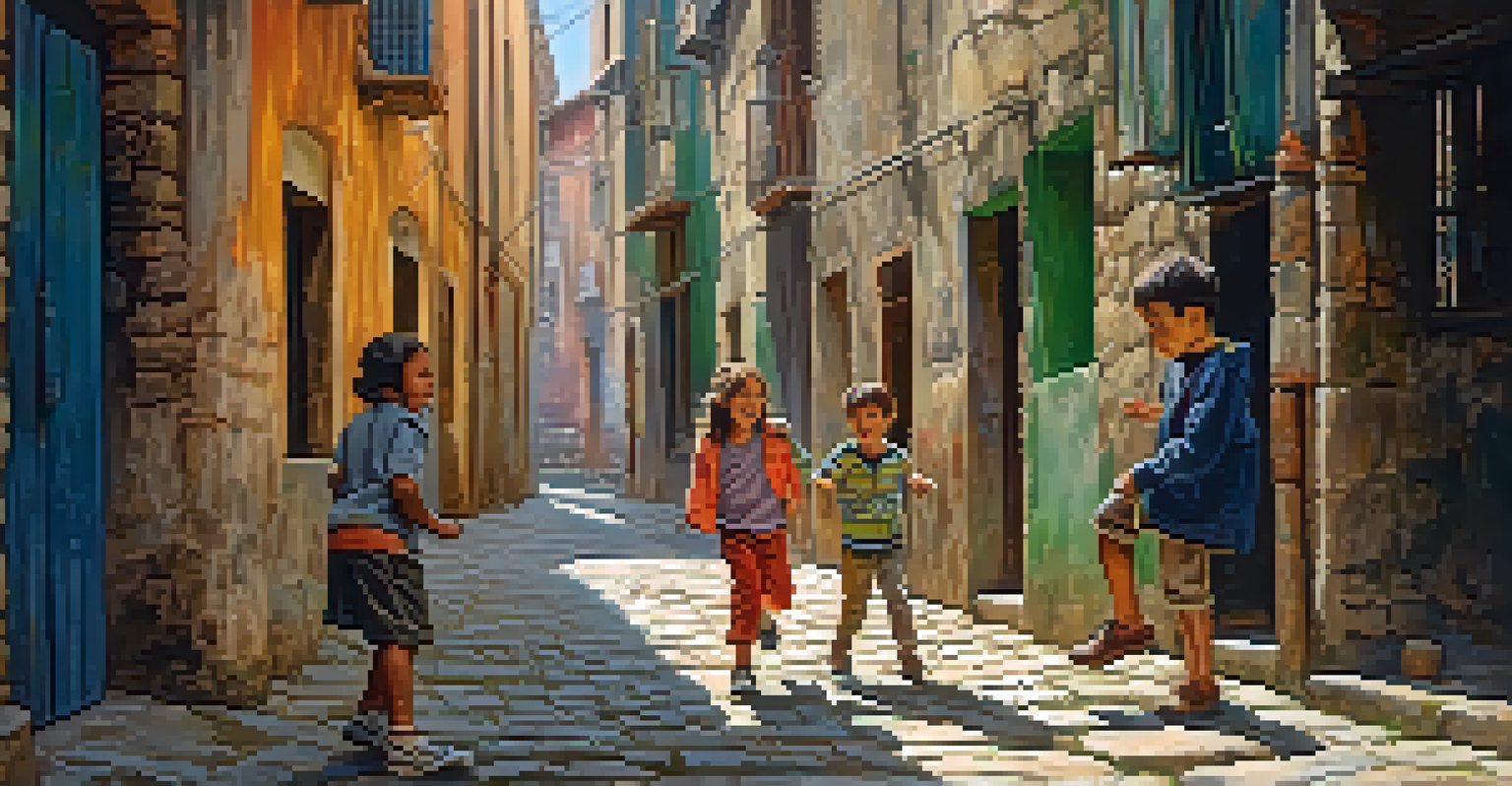 Children playing in a cobblestone alley, surrounded by aged buildings, laughing and enjoying their game.