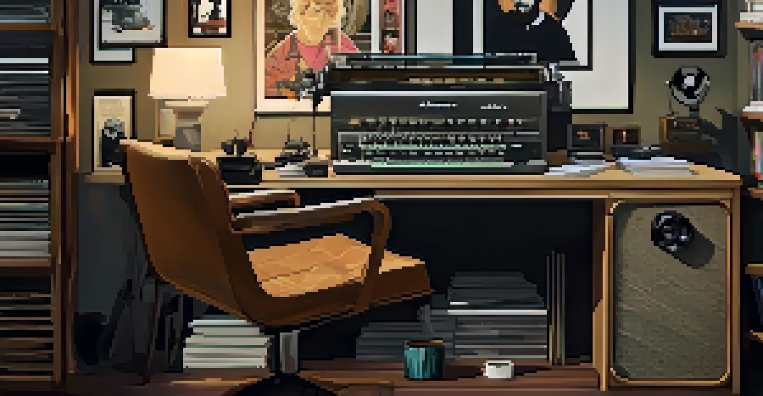 A film director's workspace with vinyl records, a notepad, and framed iconic movie scenes in soft, moody lighting.
