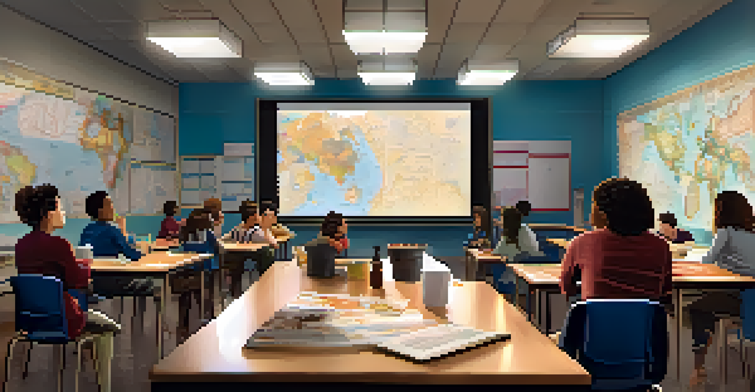 A diverse classroom with students actively watching a documentary film, discussing notes, and engaging with educational materials.