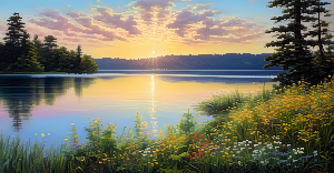 A peaceful lakeside view with vibrant flowers in the foreground and a sunset reflecting on the water.