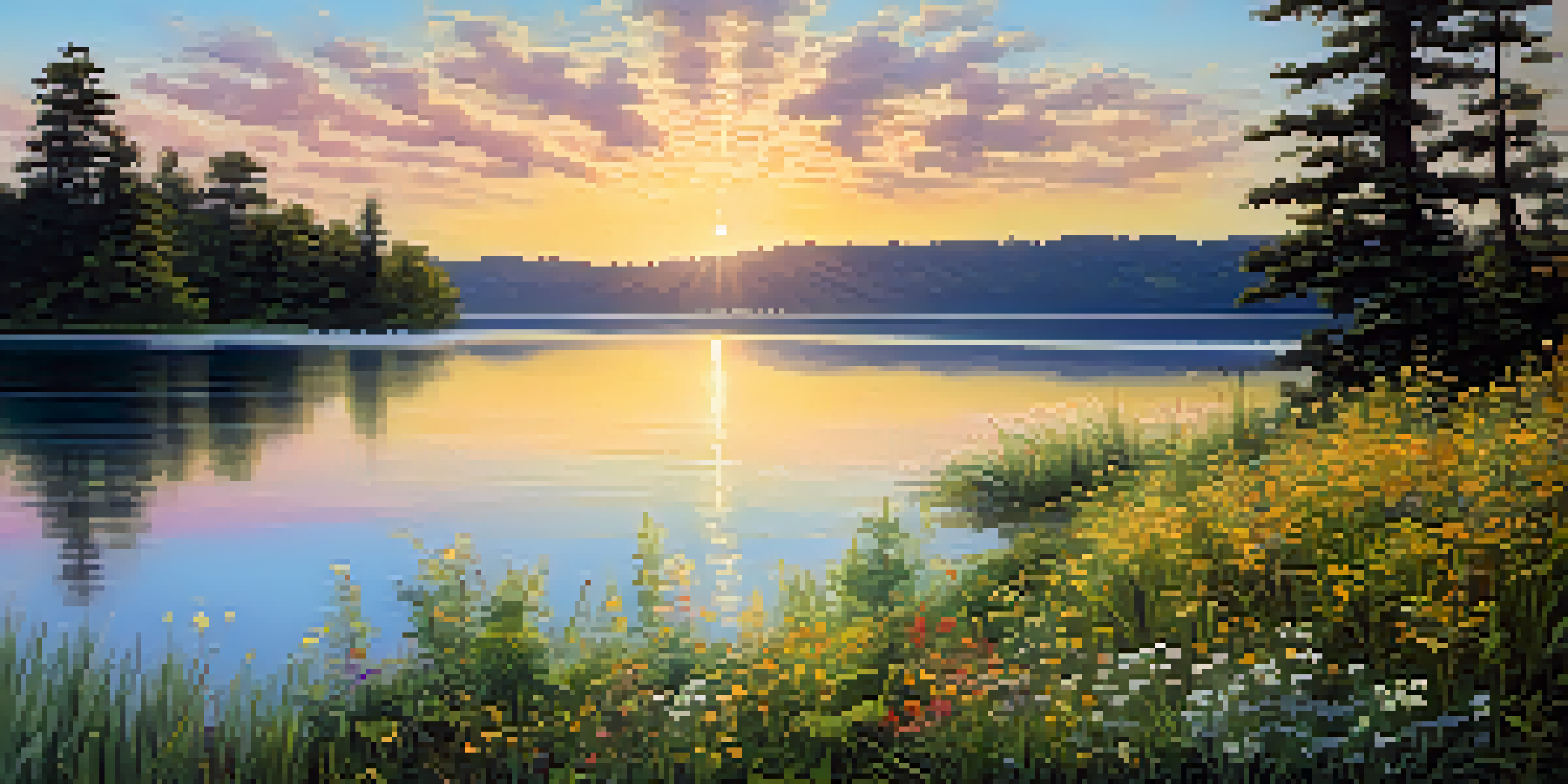 A peaceful lakeside view with vibrant flowers in the foreground and a sunset reflecting on the water.