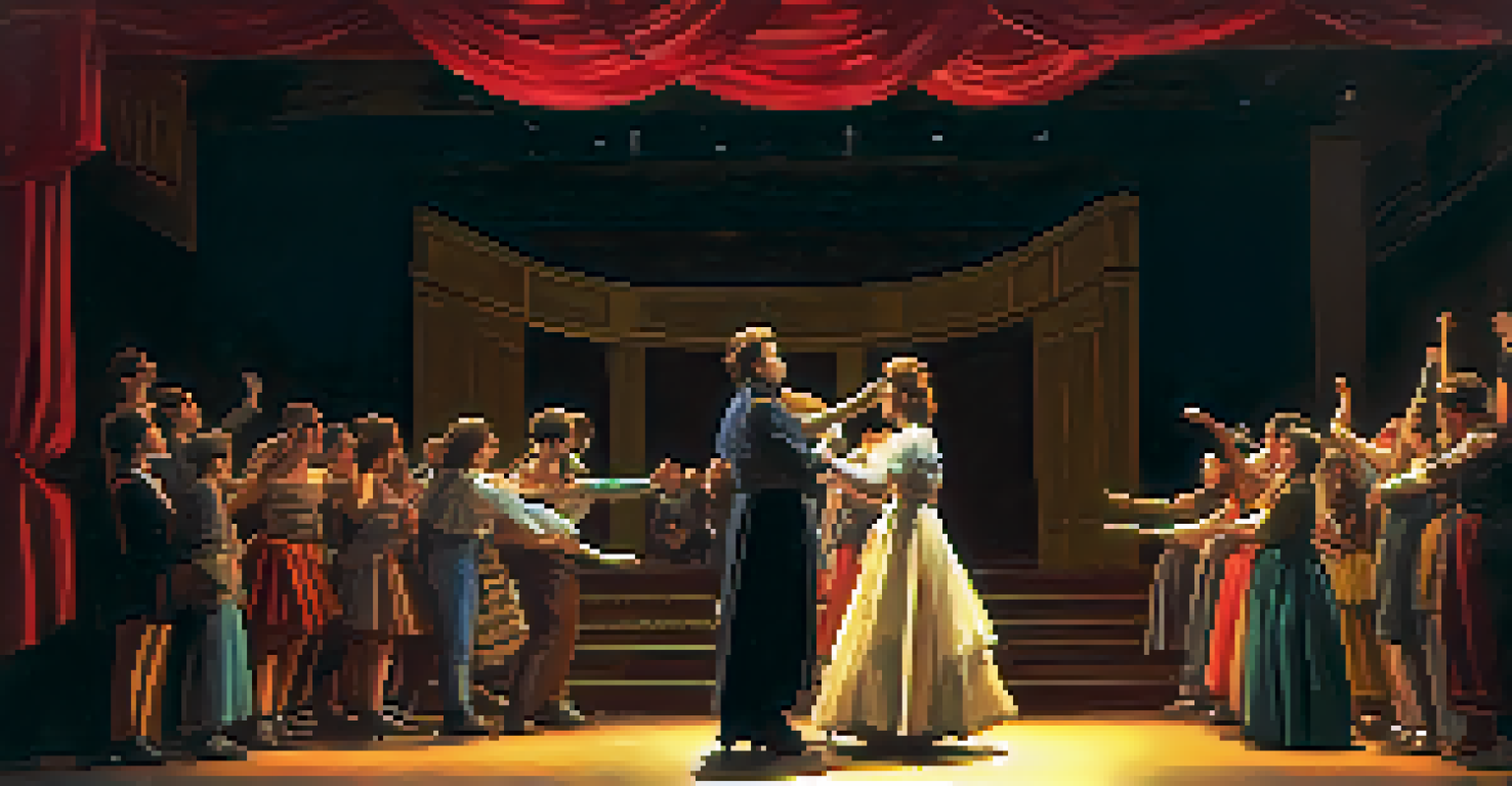Actors on stage in a theater rehearsal, using expressive body language and rich lighting.