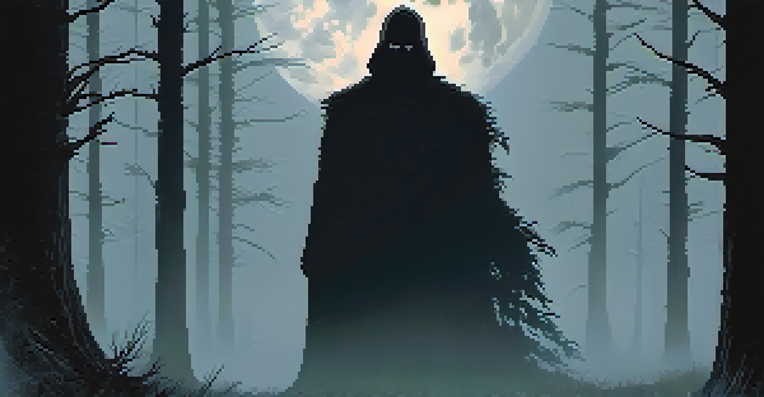 A horror movie poster featuring a dark forest and a shadowy figure, with a full moon and eerie fog, and a bold title at the top.