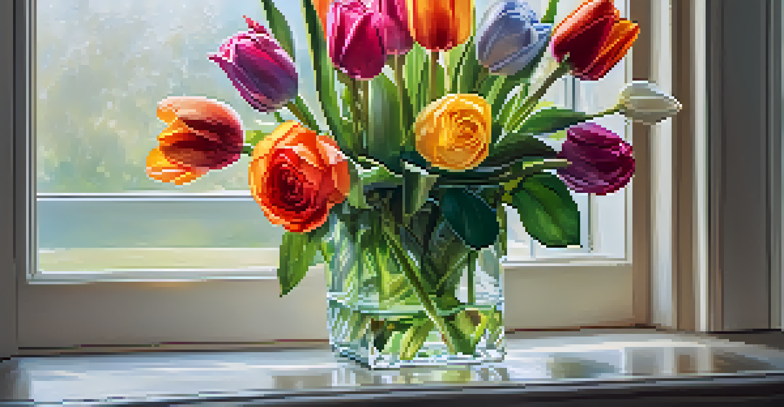 A close-up of a colorful bouquet of flowers in a glass vase, illuminated by soft natural light.