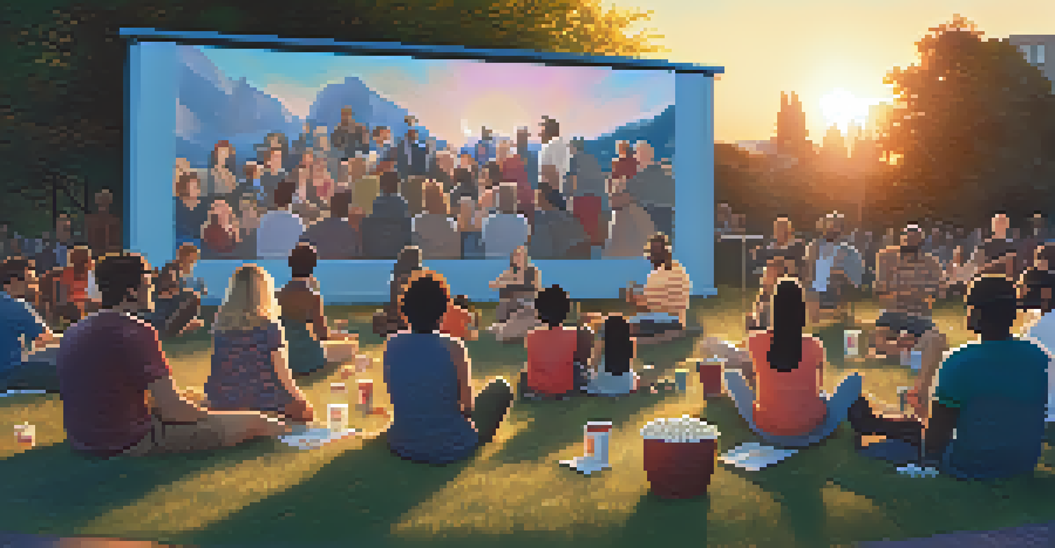 An outdoor film discussion group watching a classic movie on a large screen, with people engaged in conversation.