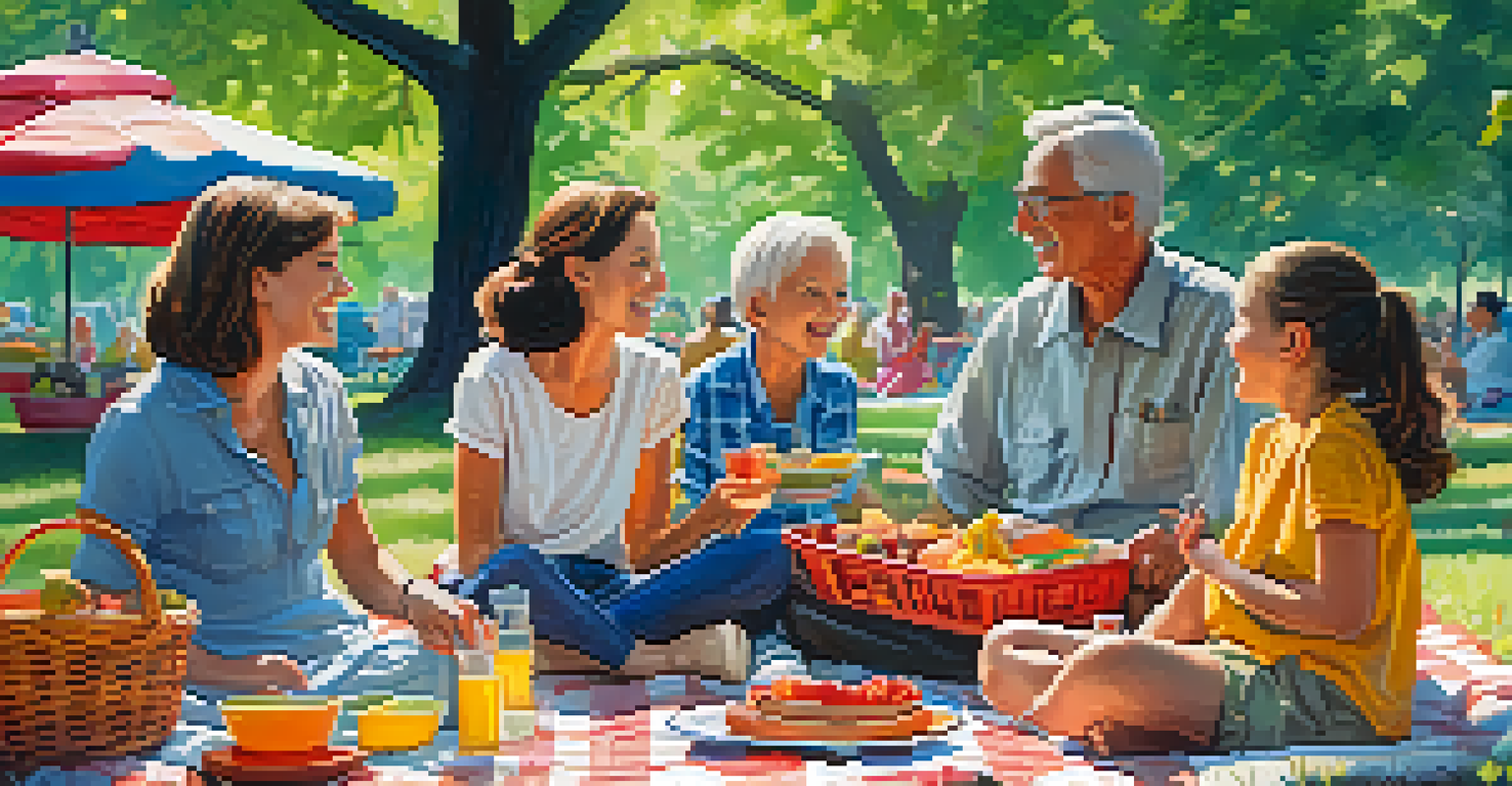 A joyful family picnic in the park with an older woman sharing stories with her grandchildren on a colorful blanket.