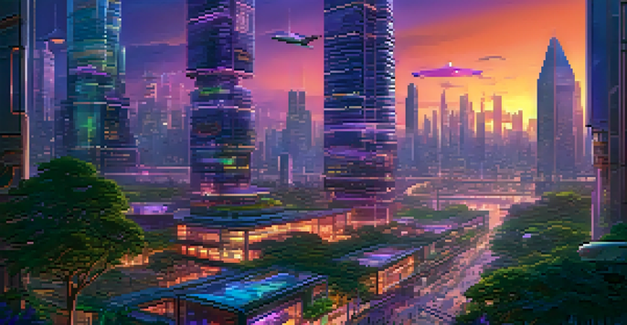 A futuristic city with glowing skyscrapers and flying vehicles during twilight.