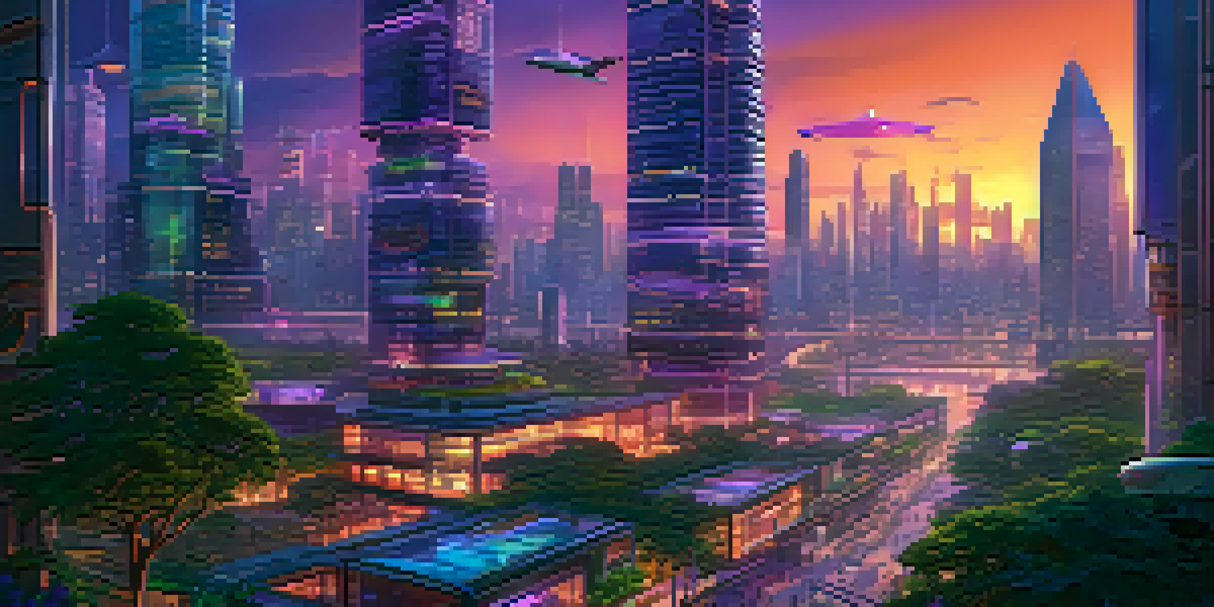 A futuristic city with glowing skyscrapers and flying vehicles during twilight.