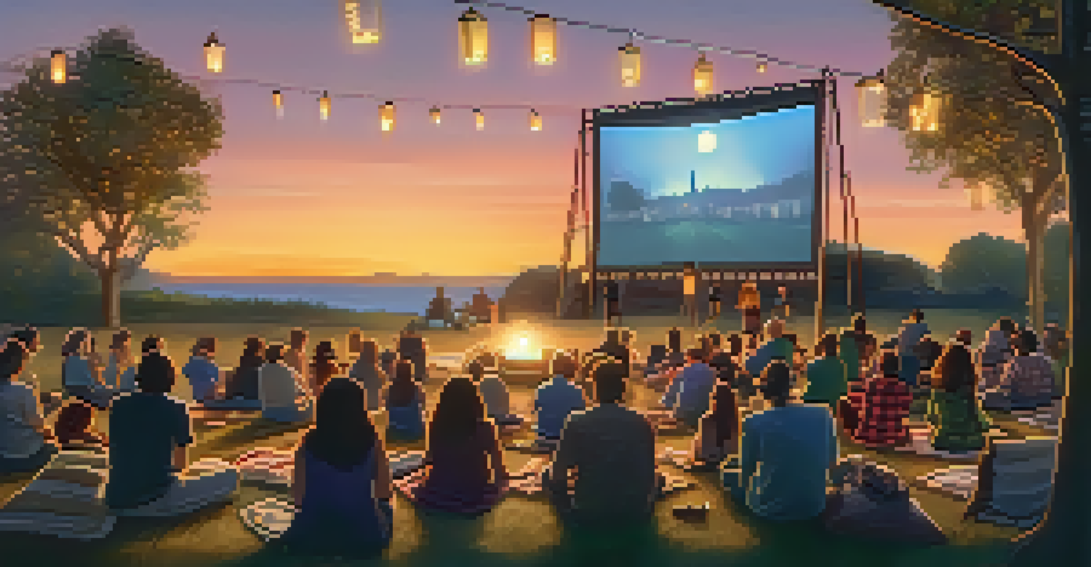 An outdoor cinema at sunset with a diverse audience enjoying a classic film, surrounded by lanterns and fairy lights.