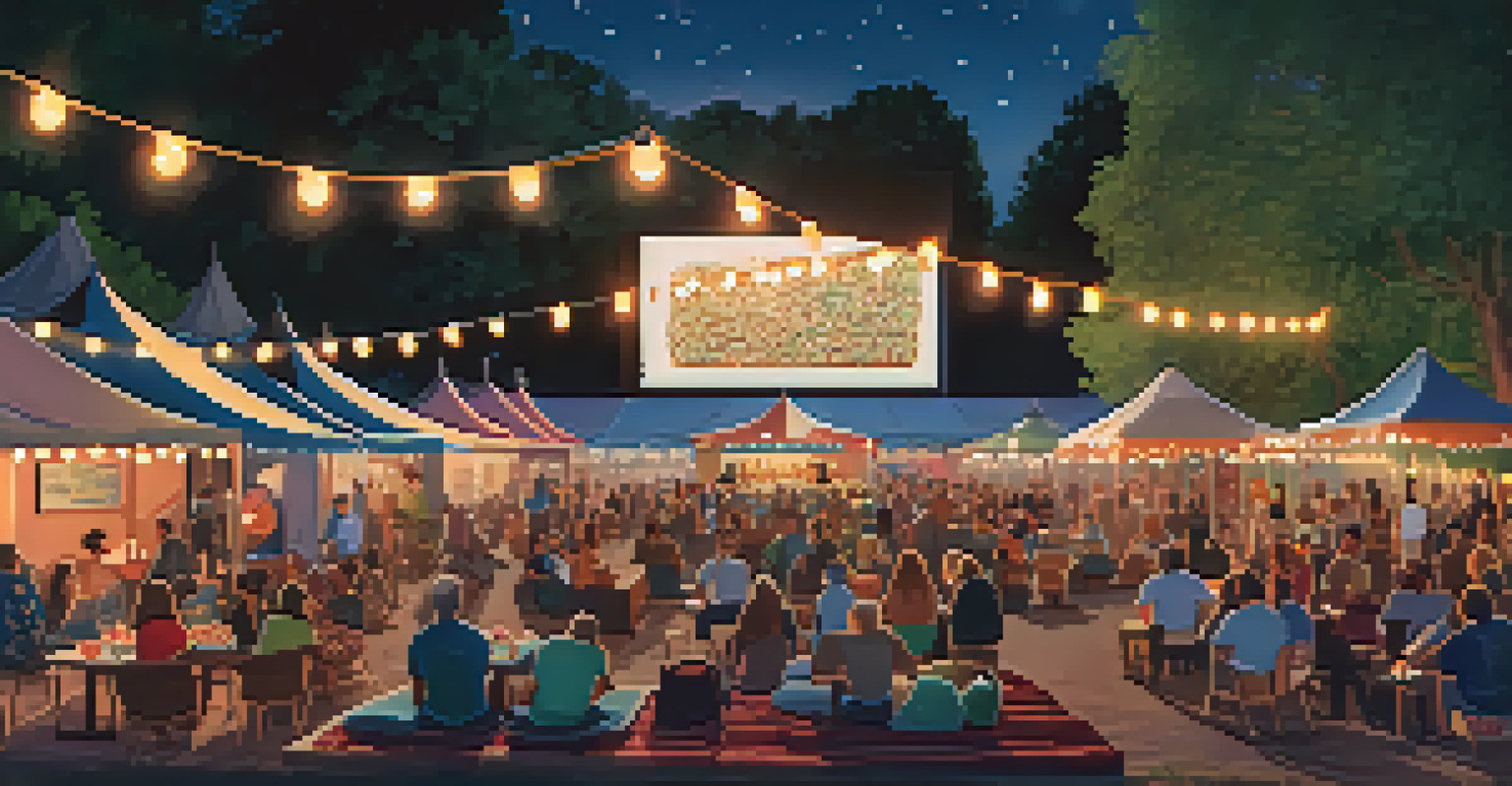 An outdoor film festival with a large screen, diverse crowd, and food trucks, illuminated by fairy lights.