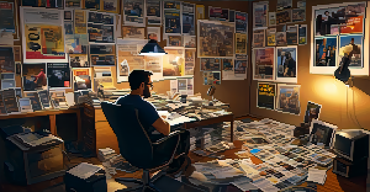 A filmmaker in a creative workspace, with biographical film posters and an open laptop, surrounded by warm lighting and artistic clutter, showcasing dedication to impactful storytelling.