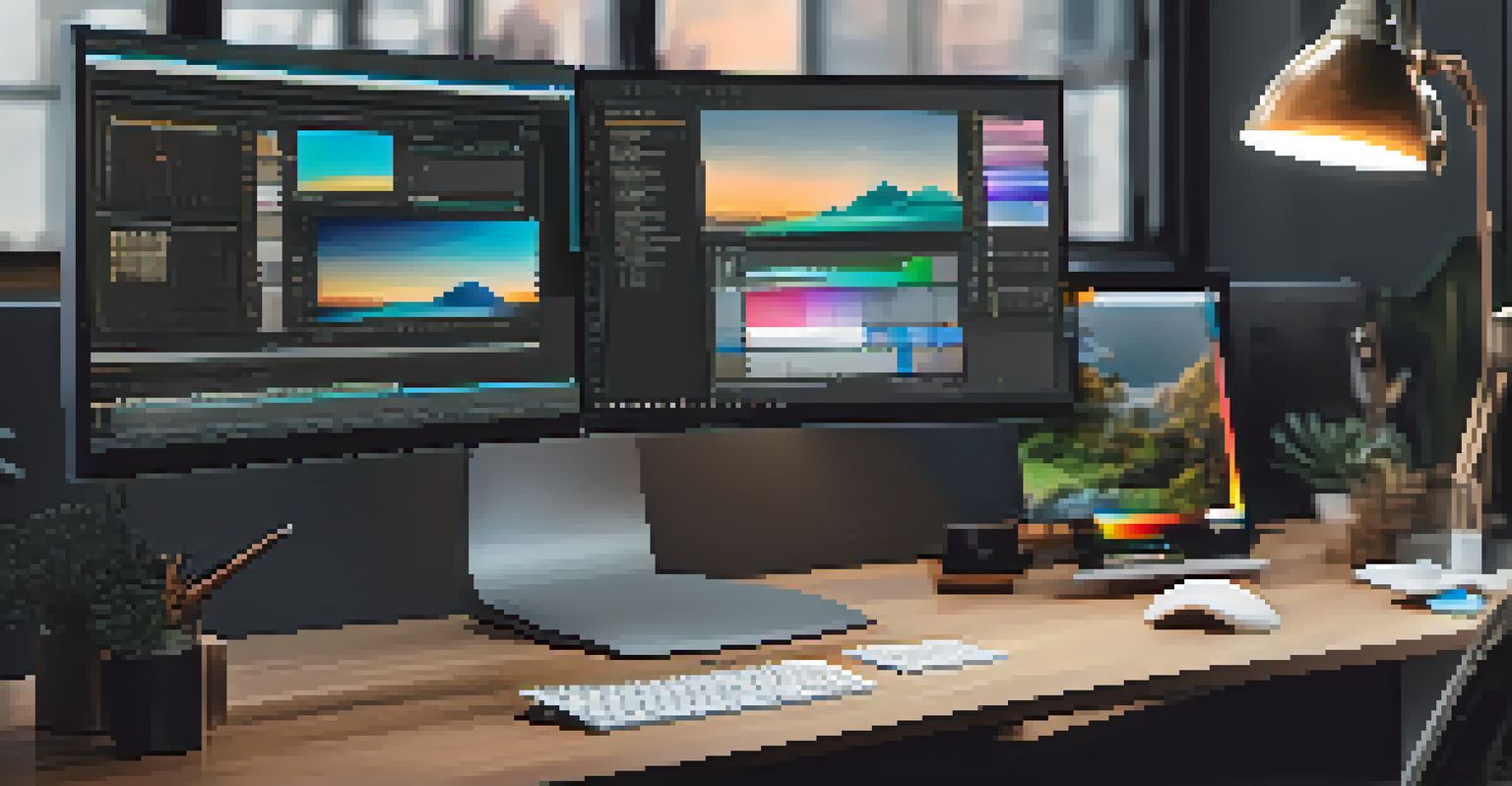 A modern digital color grading workstation with a monitor displaying a colorful palette and software interface, representing creativity and technology.