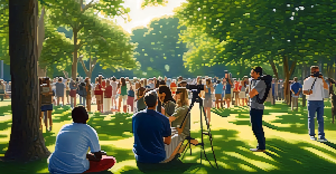 A filmmaker in a park capturing a community event with diverse participants under the warm sunlight.