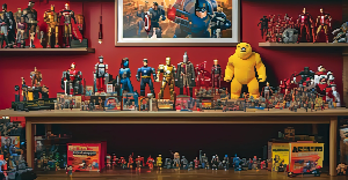 A collection of film merchandise including action figures and plush toys on a table, with a movie poster in the background.
