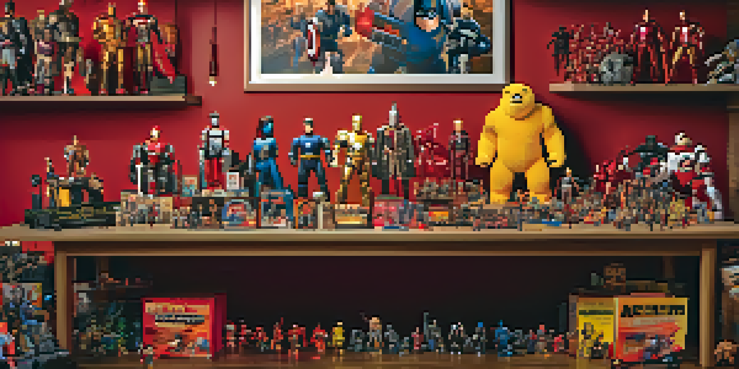 A collection of film merchandise including action figures and plush toys on a table, with a movie poster in the background.