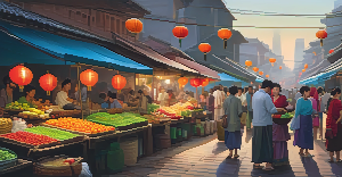 A vibrant street market in an Asian city during dusk, with colorful stalls and warm lantern light, showcasing cultural diversity.