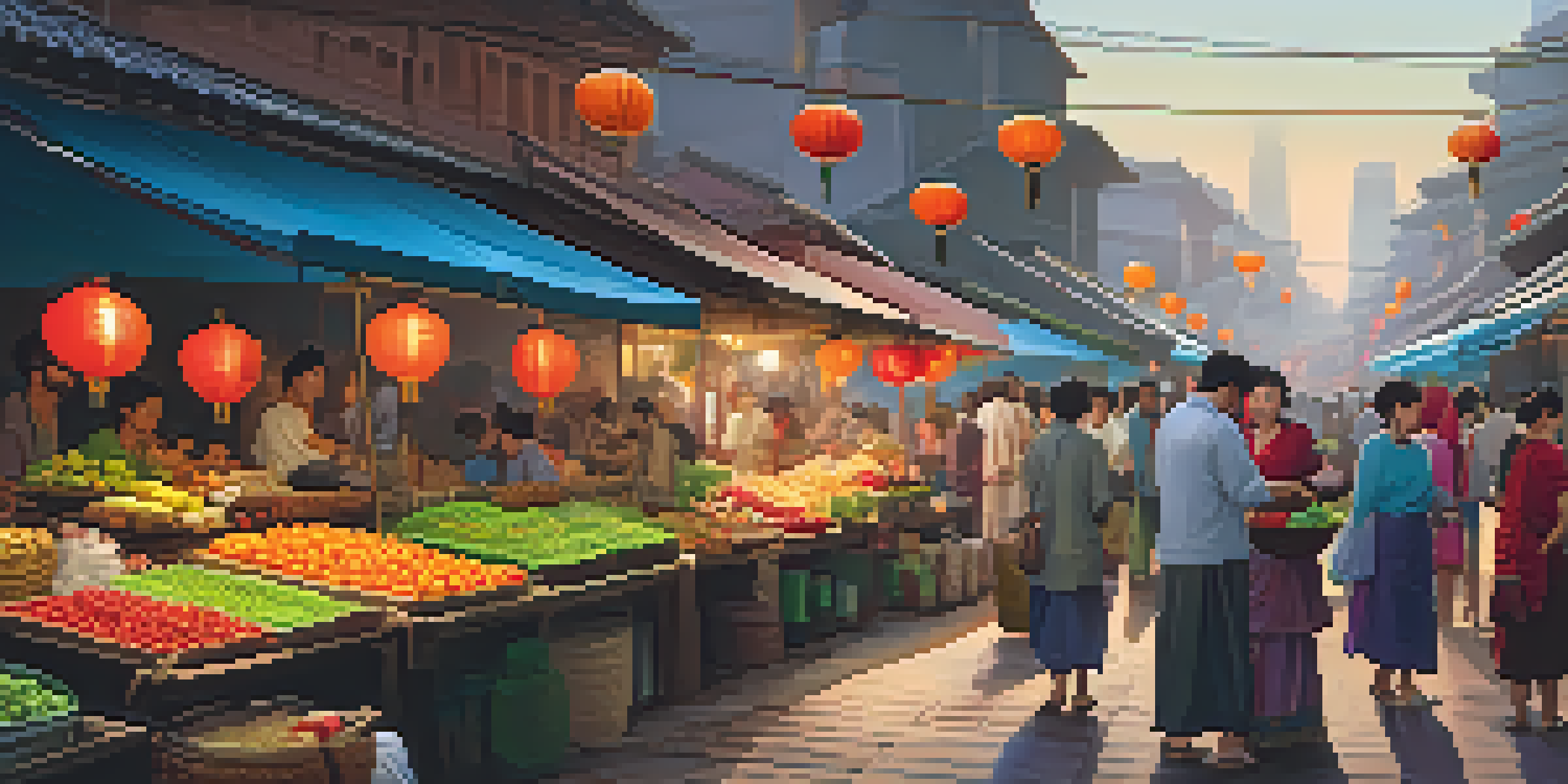 A vibrant street market in an Asian city during dusk, with colorful stalls and warm lantern light, showcasing cultural diversity.