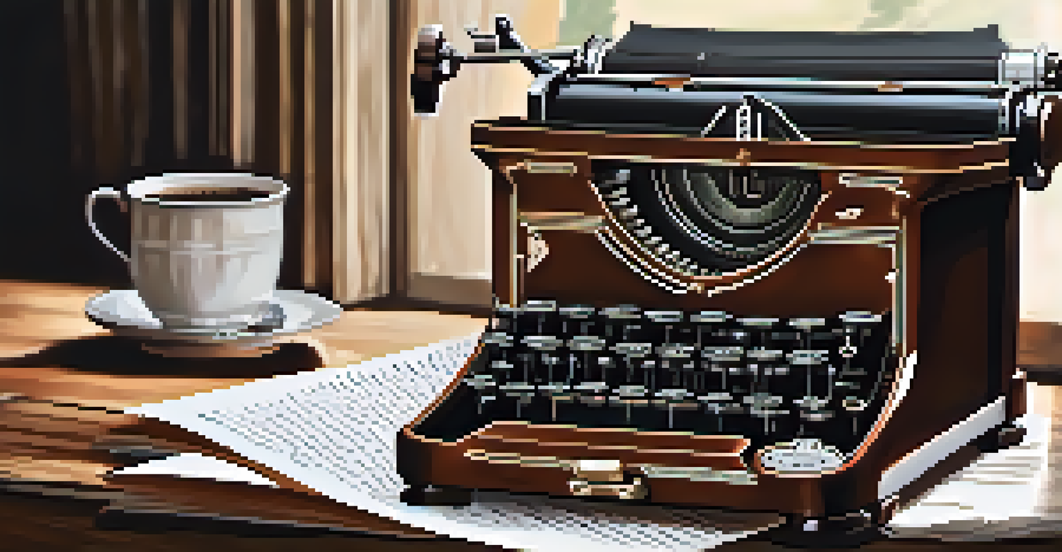A vintage typewriter with a blank page, surrounded by letters and a cup of coffee.