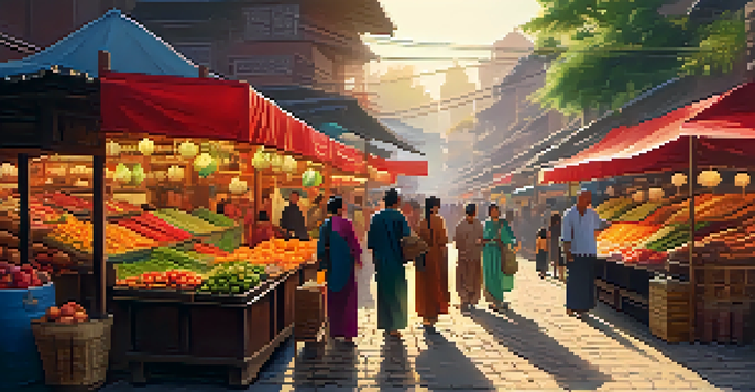 A bustling Asian market scene filled with colorful stalls and people interacting under warm golden hour sunlight.