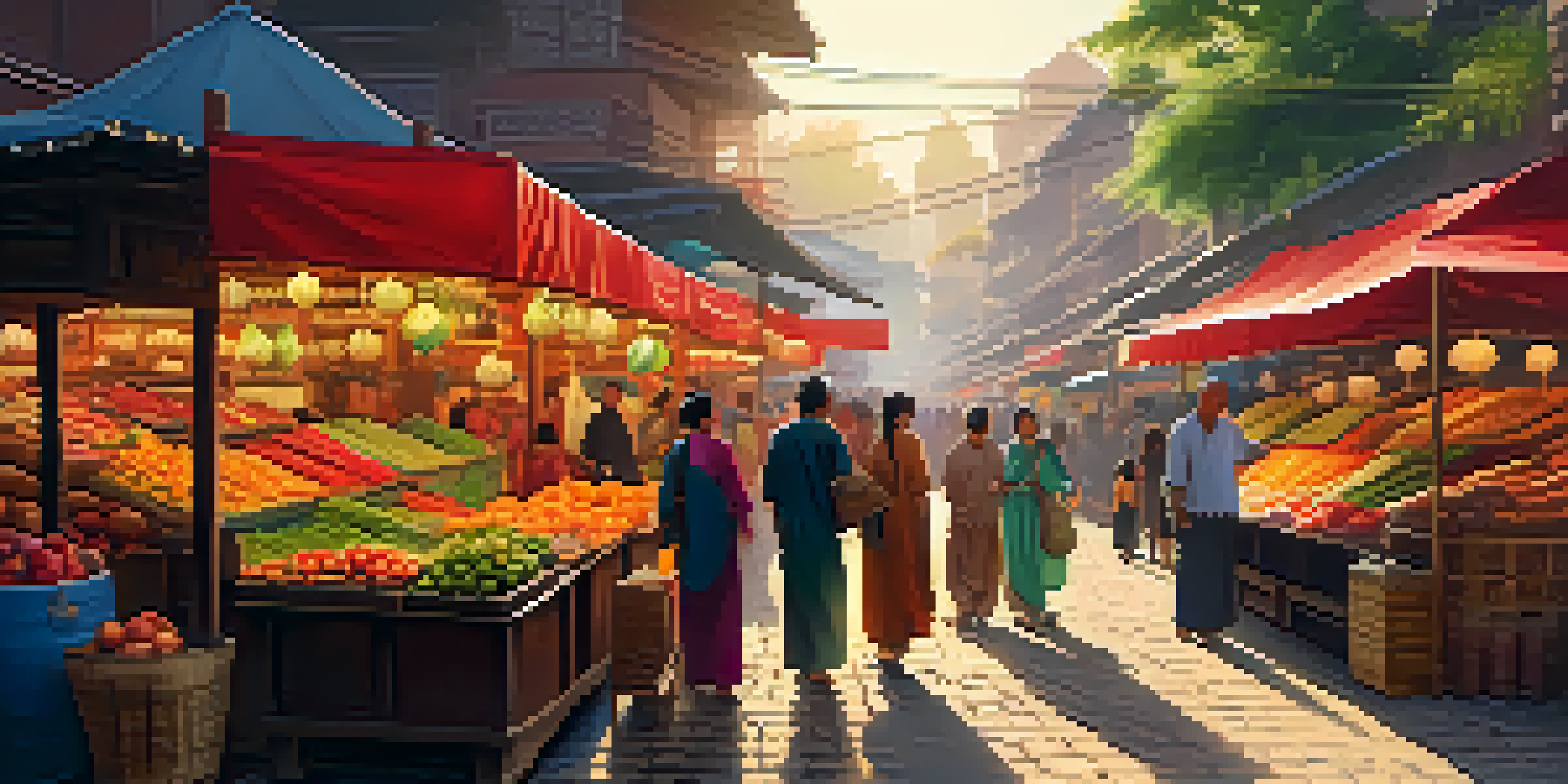 A bustling Asian market scene filled with colorful stalls and people interacting under warm golden hour sunlight.