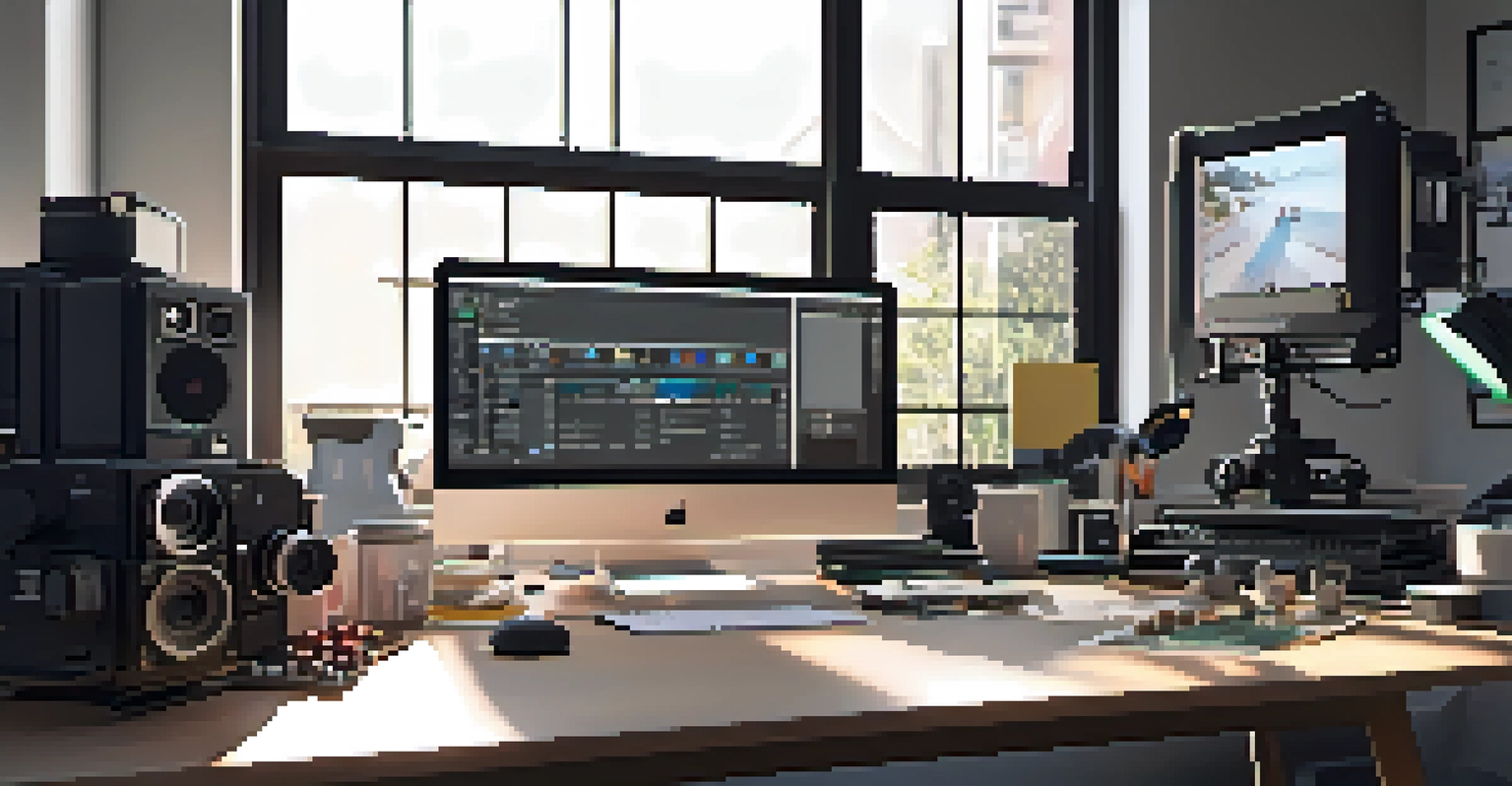 A contemporary filmmaker's workspace with a computer displaying editing software, surrounded by filmmaking tools and natural light.