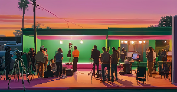 A film set during sunset with a director and cinematographer discussing schedules, crew members setting up equipment, and colorful lights.