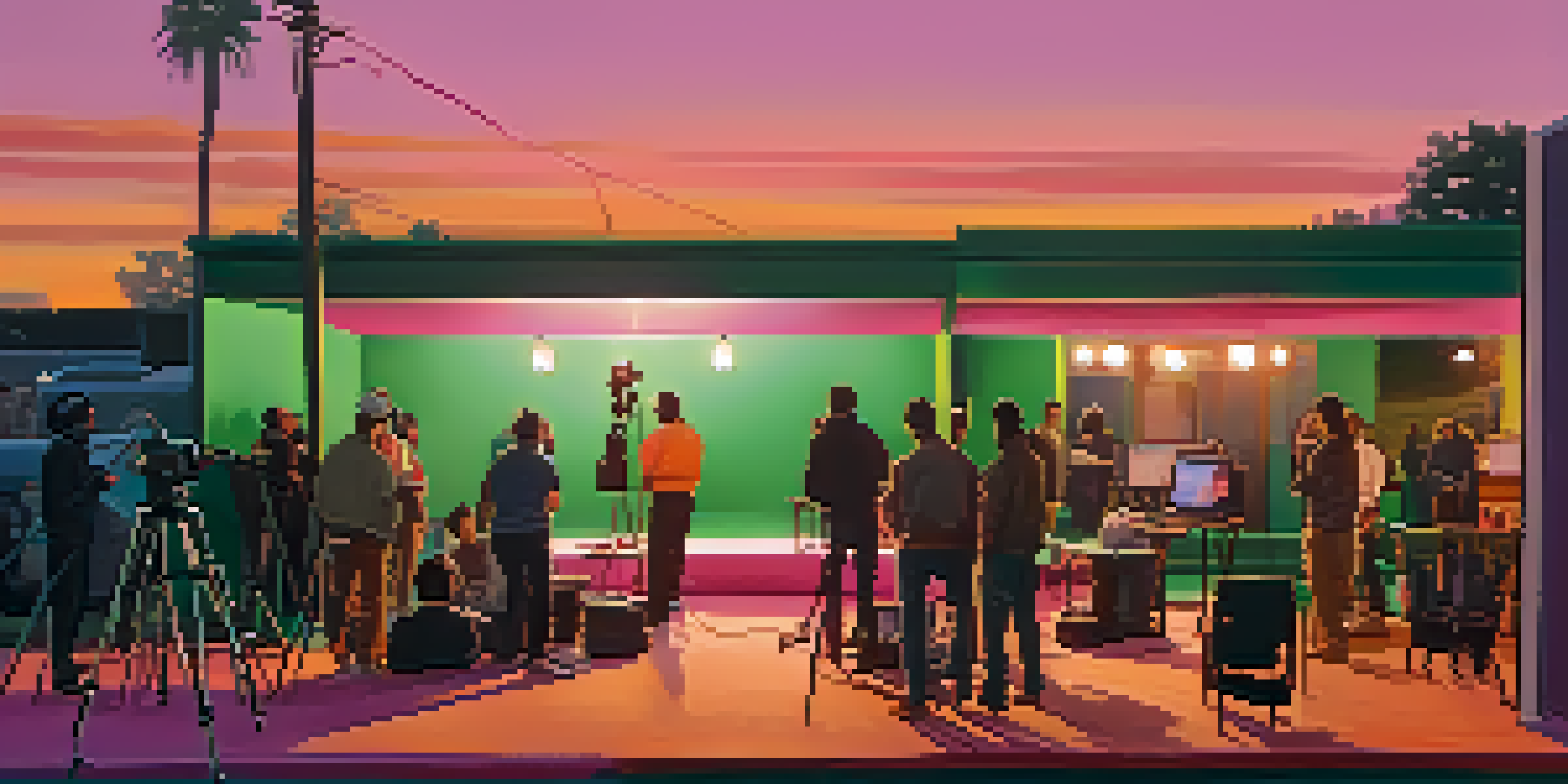 A film set during sunset with a director and cinematographer discussing schedules, crew members setting up equipment, and colorful lights.