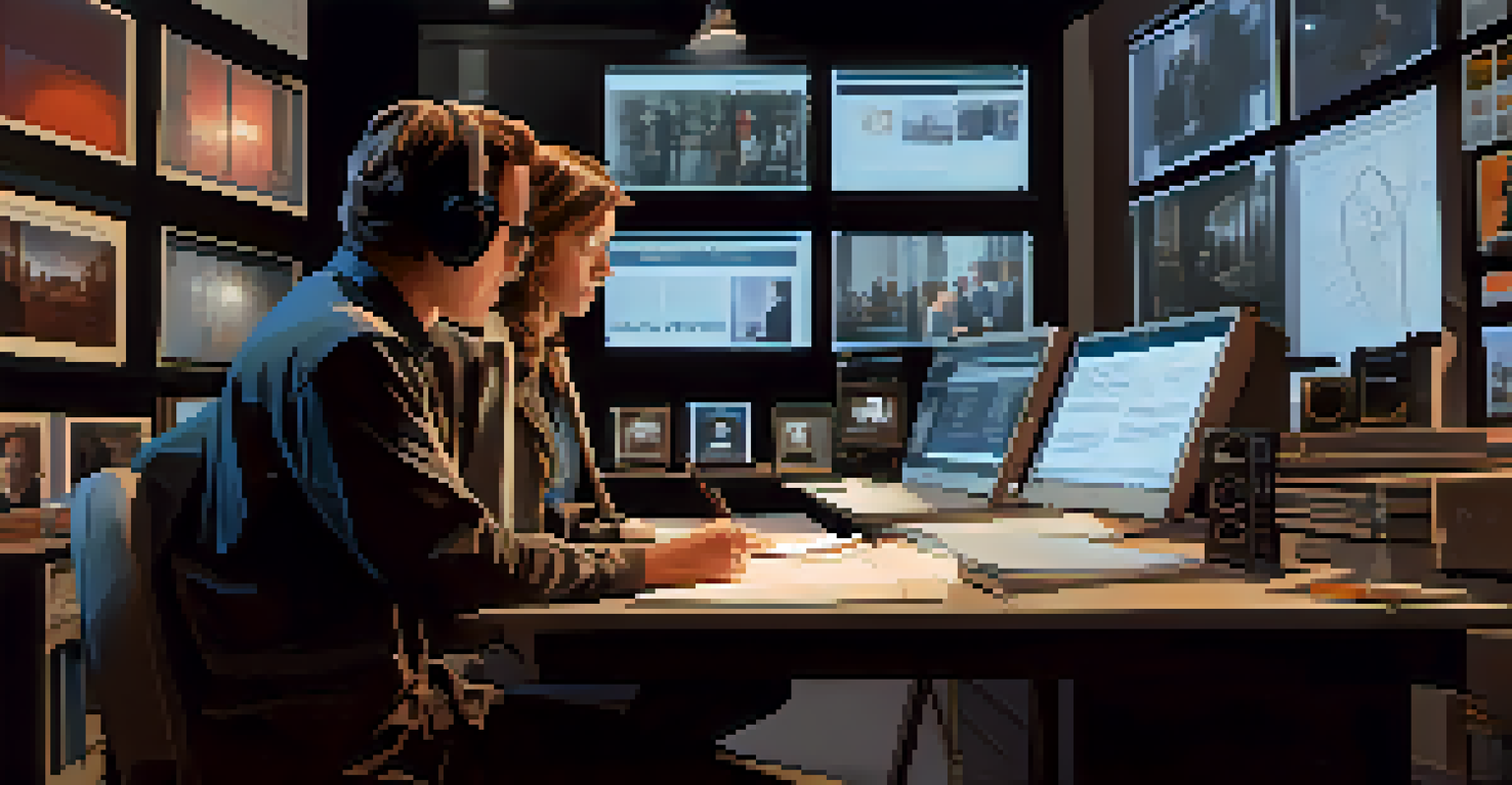 A split-screen image showing a film editor reviewing footage and a director discussing ideas with a storyboard.
