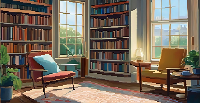 A cozy home library filled with colorful books, a comfortable armchair, a steaming cup of tea, and potted plants, all illuminated by warm sunlight.