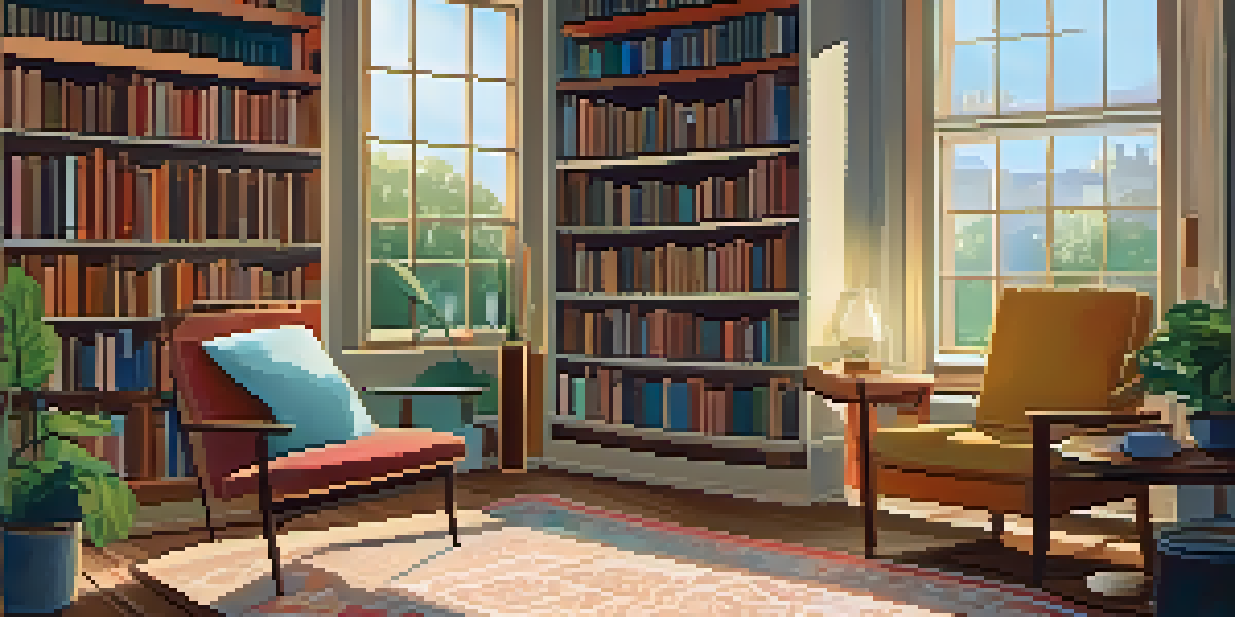 A cozy home library filled with colorful books, a comfortable armchair, a steaming cup of tea, and potted plants, all illuminated by warm sunlight.