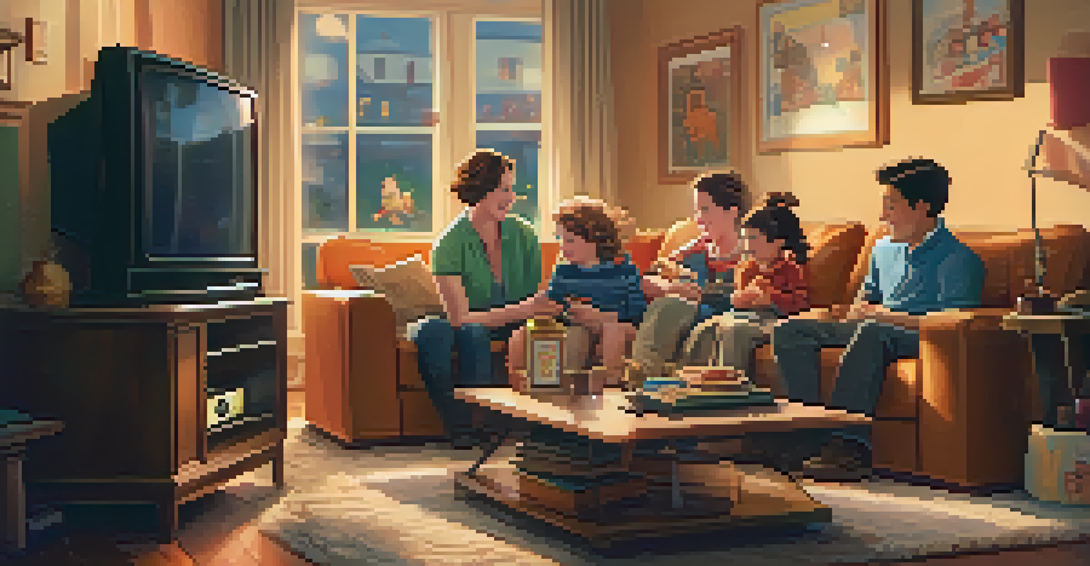 A family in a cozy living room watching an animated movie, surrounded by character memorabilia.