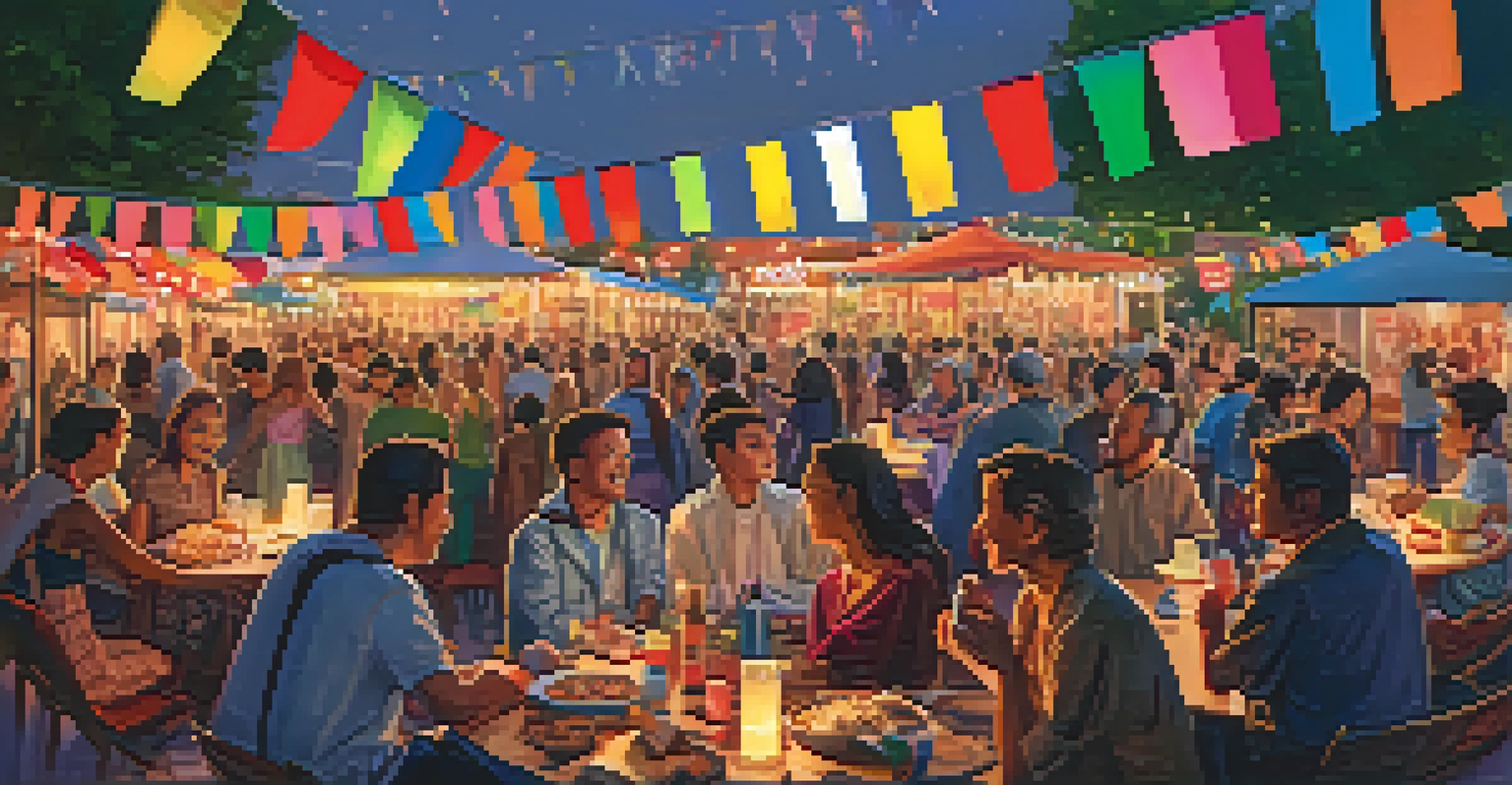 An outdoor film festival with a diverse crowd enjoying international films, colorful flags, food stalls, and twinkling lights at dusk.