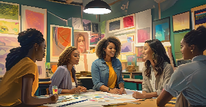 A group of diverse women filmmakers engaged in a brainstorming session with colorful notes and storyboards around them.