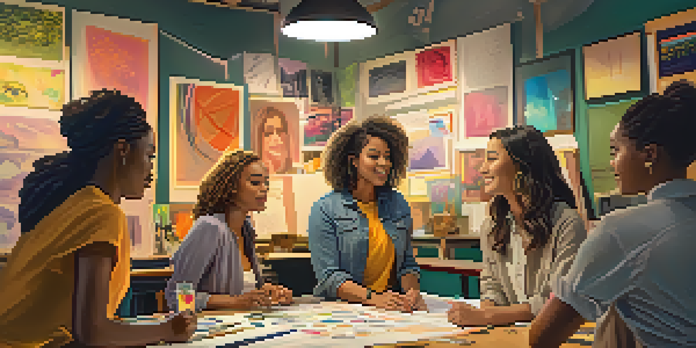 A group of diverse women filmmakers engaged in a brainstorming session with colorful notes and storyboards around them.