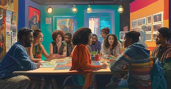 A diverse group of filmmakers collaborating on a project in a lively film set, with a female director and multicultural cast.
